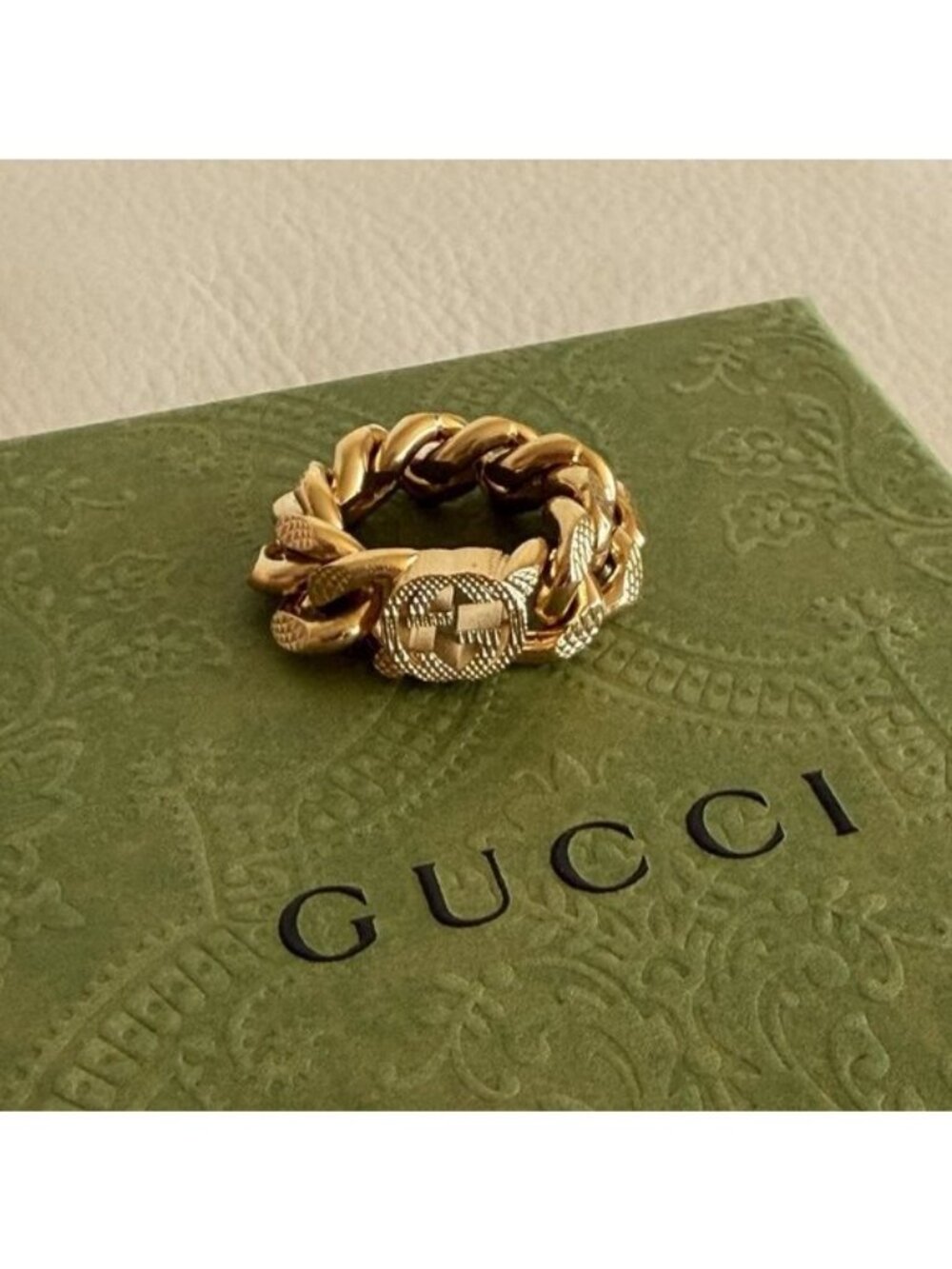 NEW GUCCI Metal Interlocking Interlocking Gourmette Chain Ring Sz S 52 6 Gold - Picture 3 of 8